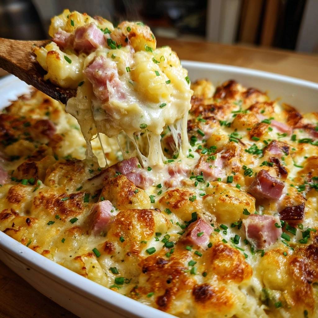 Cremiger Blumenkohlauflauf mit geräucherten Putenwürfeln, der auf einem Holzlöffel mit geschmolzenem Käse serviert wird.