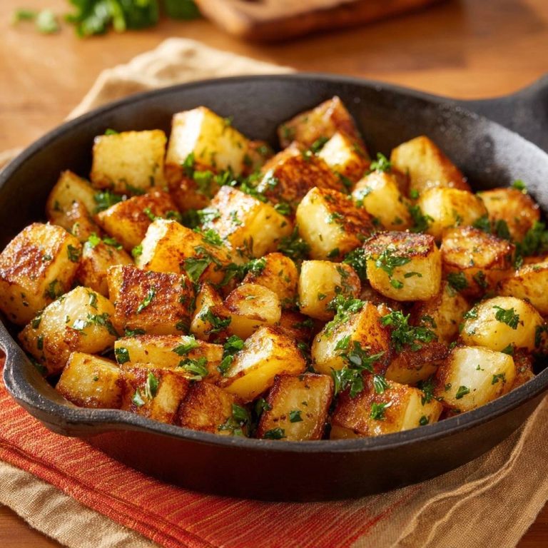 Knusprige Bratkartoffeln – Nie wieder matschig! – Detailaufnahme der goldbraunen Kartoffelwürfel, garniert mit frischer Petersilie in einer gusseisernen Pfanne.