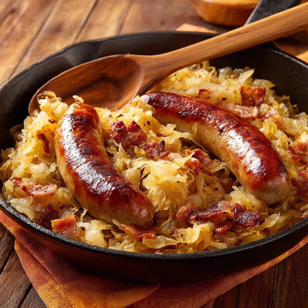 Knusprige Bratwurst-Pfanne mit Kraut und Kartoffeln, serviert in einer gusseisernen Pfanne mit einem Holzlöffel.