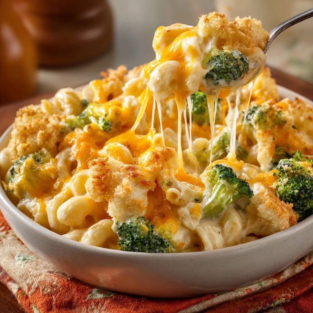 Brokkoli-Mac & Cheese mit knuspriger Kruste, ein Löffel mit ziehendem Käse und Brokkoliröschen wird aus der Schüssel gehoben.