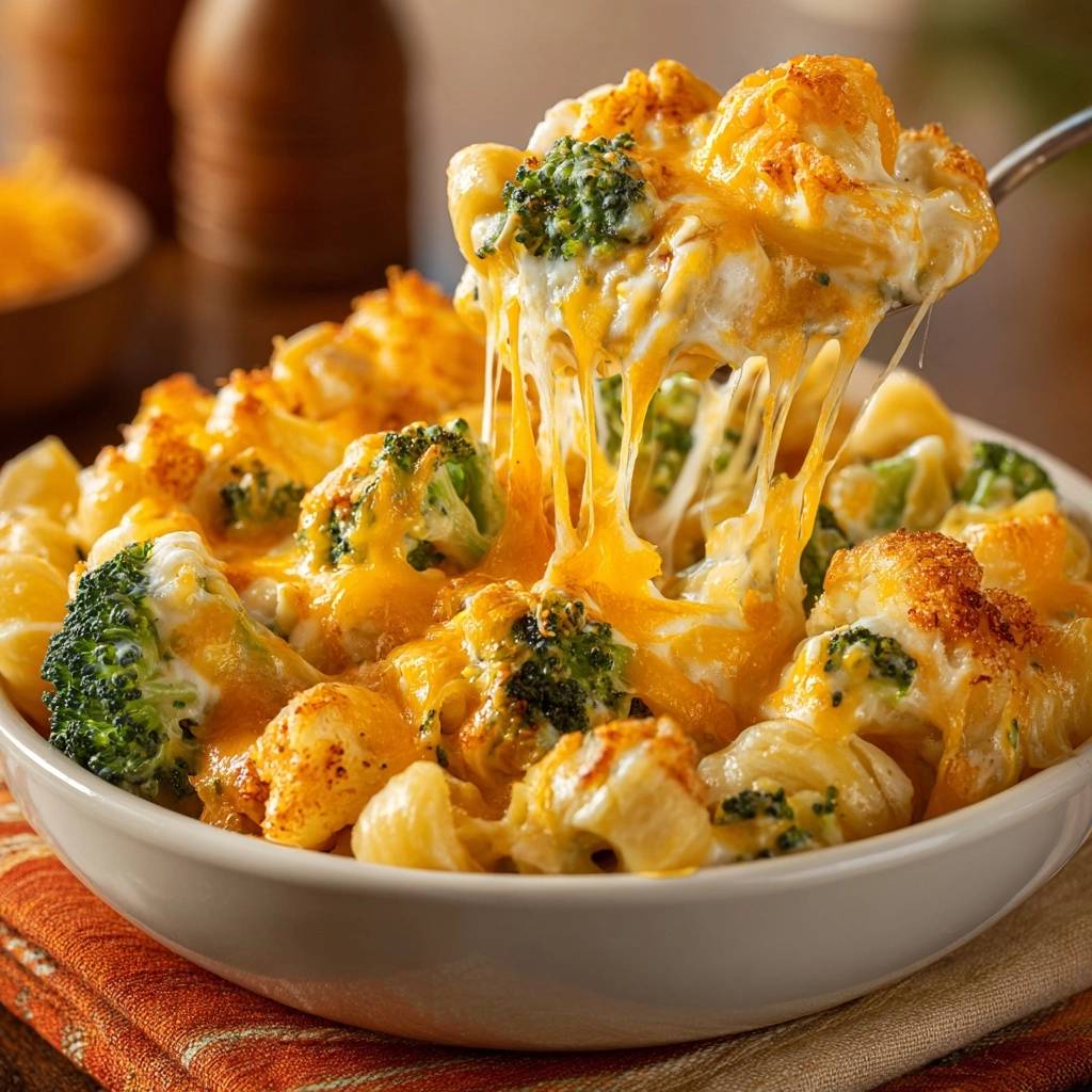 Brokkoli-Mac & Cheese mit einer Portion, die Fäden zieht und eine knusprige Kruste zeigt.