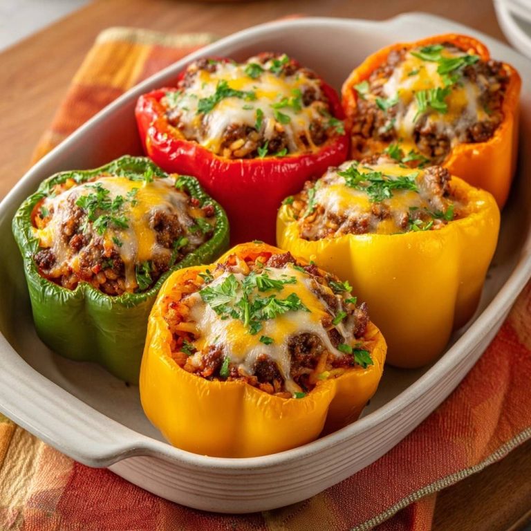 Bunte gefüllte Paprika mit saftiger Füllung und Käse überbacken, garniert mit Petersilie, Nahaufnahme im Ofenblech