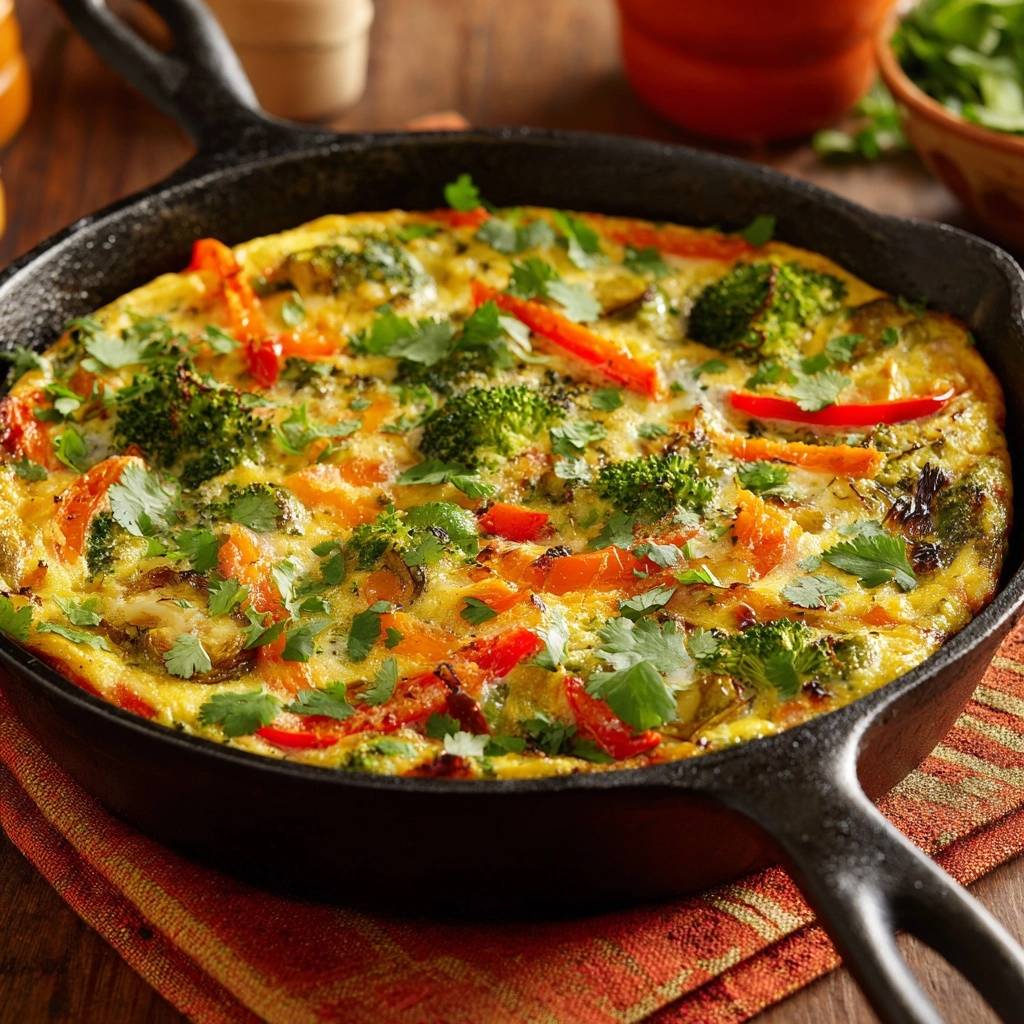 Bunte Gemüse-Frittata knusprig ohne Matsch in einer Gusseisenpfanne mit frischer Petersilie garniert