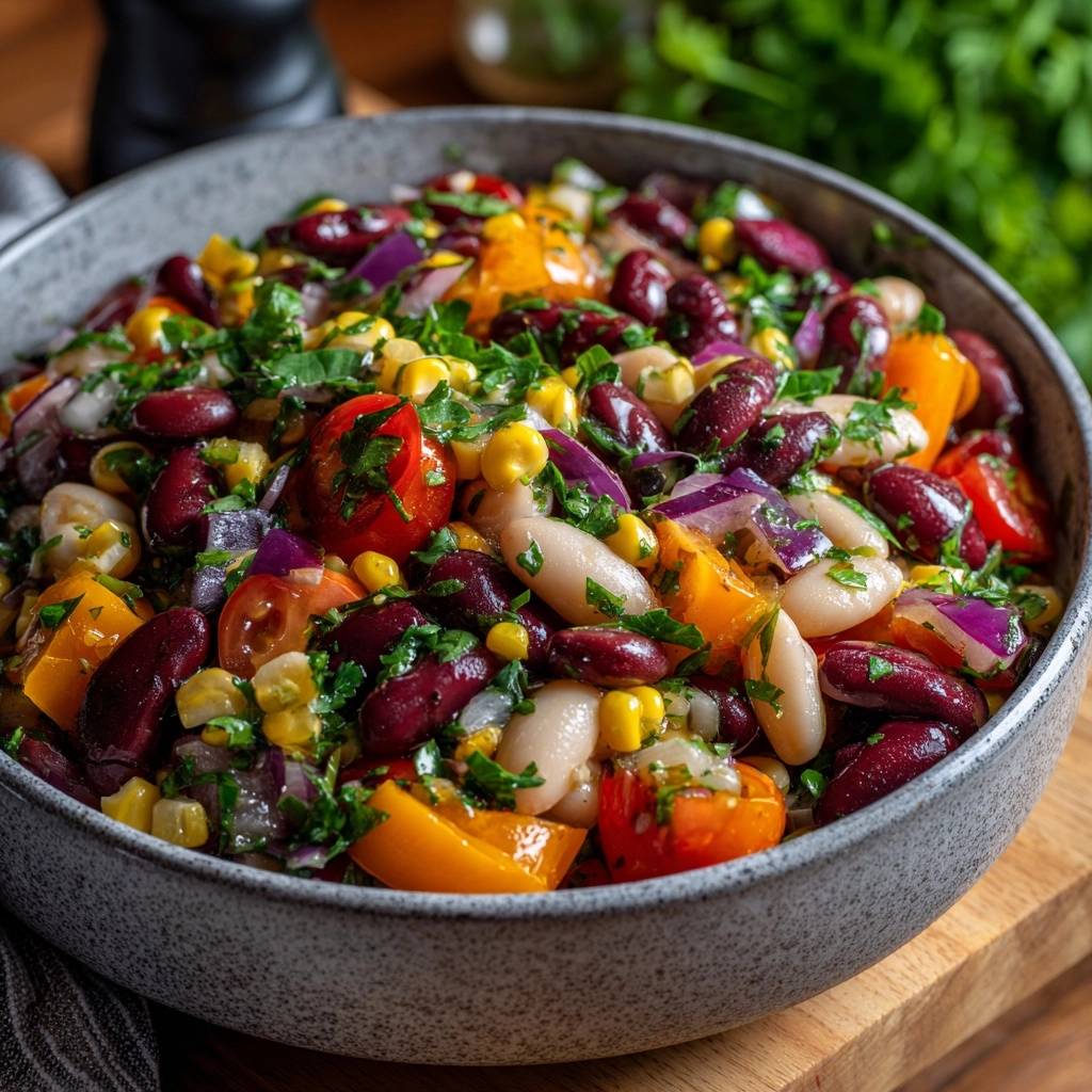Bunter Dreifach-Bohnensalat als Nahaufnahme, mit roten und weißen Bohnen, Mais, Tomaten und roten Zwiebeln in einer Schüssel.