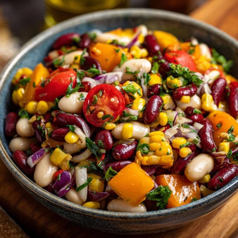 Bunter Dreifach-Bohnensalat nah aufgenommen in einer blauen Schüssel mit Mais, Tomaten und Paprika.