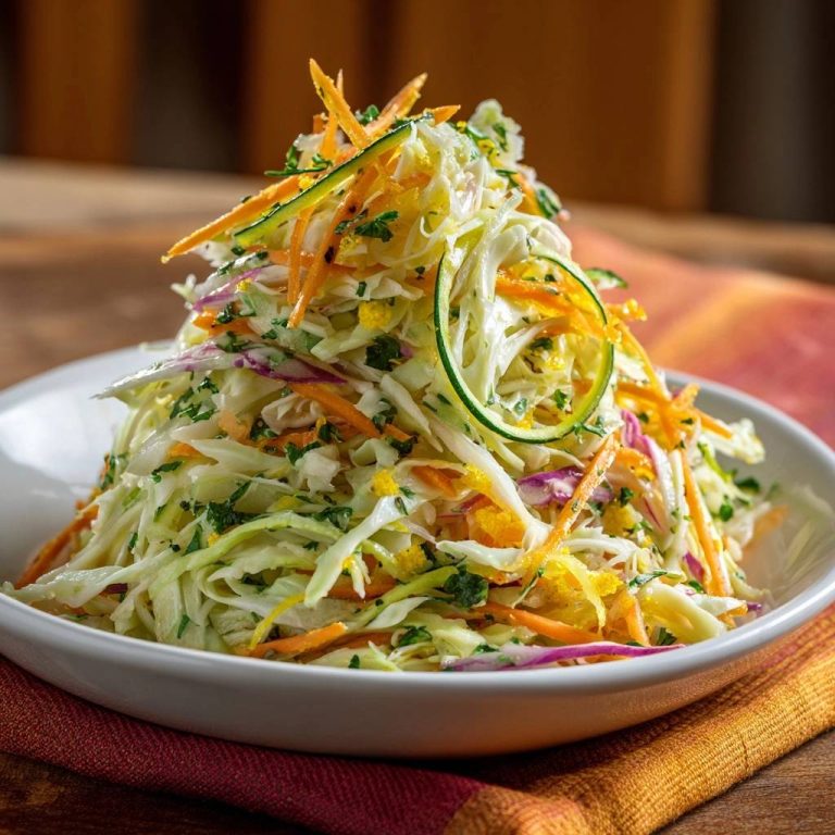 Bunter Gemüse-Coleslaw, ein knackiger Salat mit Karotten, Kohl und einer frischen Garnitur aus Kräutern und Zucchini.