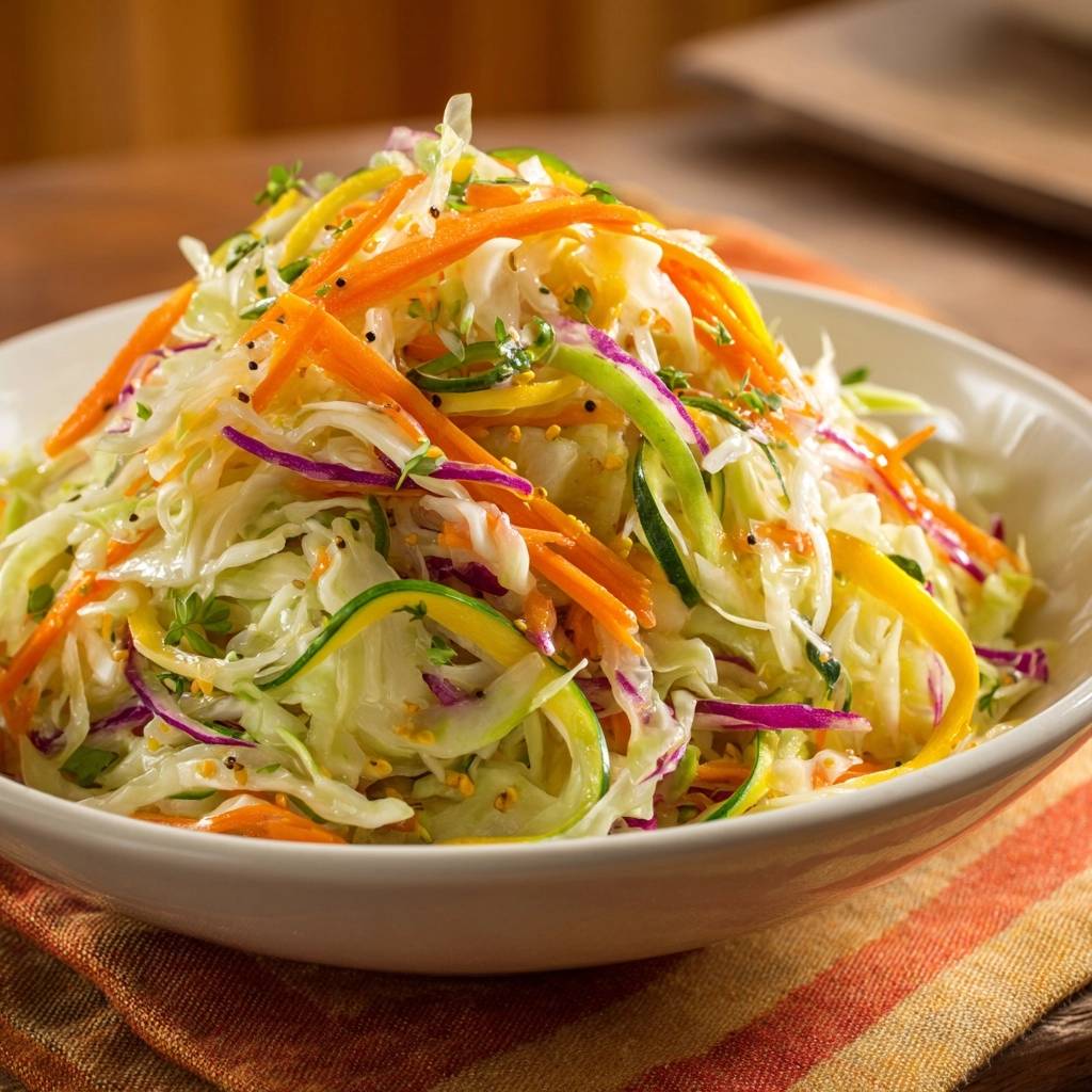 Bunter Gemüse-Coleslaw, eine Nahaufnahme mit sichtbaren Karottenstreifen, Rotkohl und Gurke in einer weißen Schüssel.