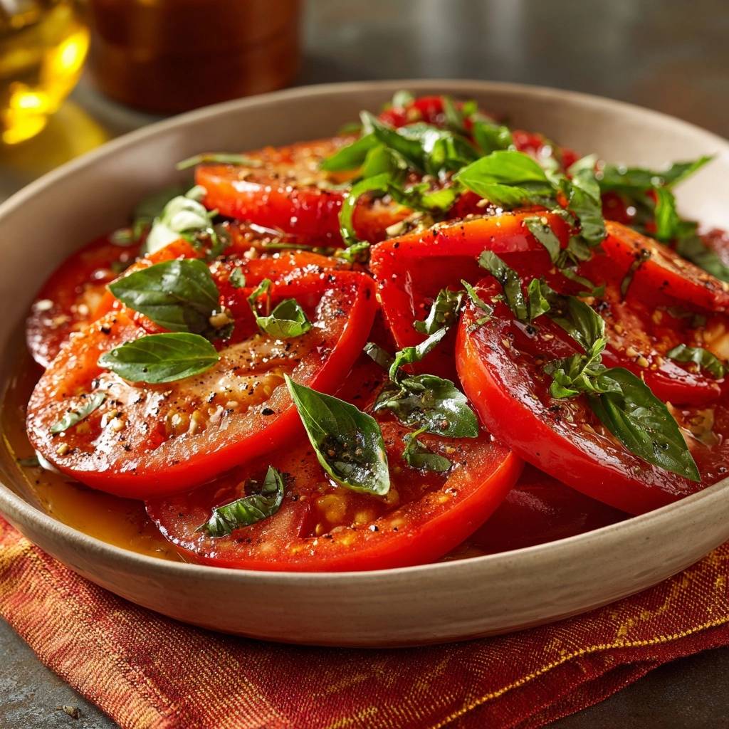 Bunter Tomaten-Basilikum-Salat als Nahaufnahme mit frischen Basilikumblättern und schwarzem Pfeffer bestreut.