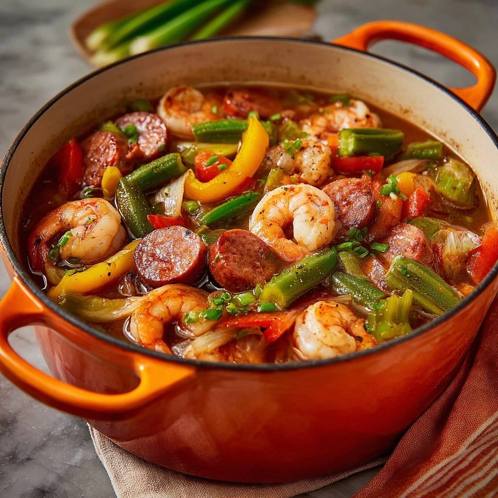 Cajun Gumbo mit Garnelen und Wurst, eine Nahaufnahme des herzhaften Eintopfs in einem orangefarbenen Gusseisentopf.