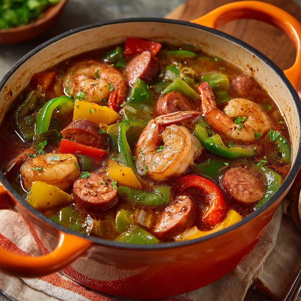Cajun Gumbo mit Garnelen und Wurst, nahaufnahme in einem orangefarbenen Topf mit geschichteten Zutaten.