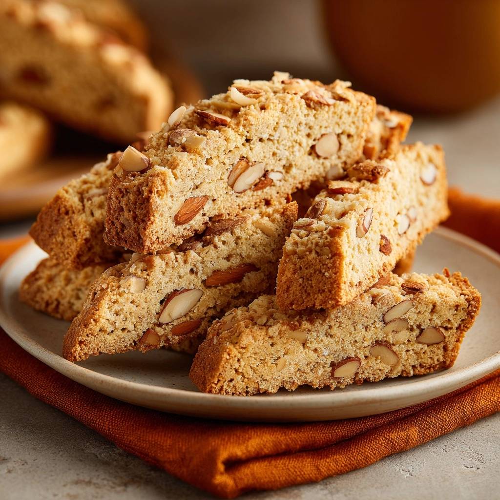 Knusprige Cantuccini mit Mandeln auf einem Teller, Nahaufnahme der gebackenen Kekse mit sichtbaren Mandelsplittern.