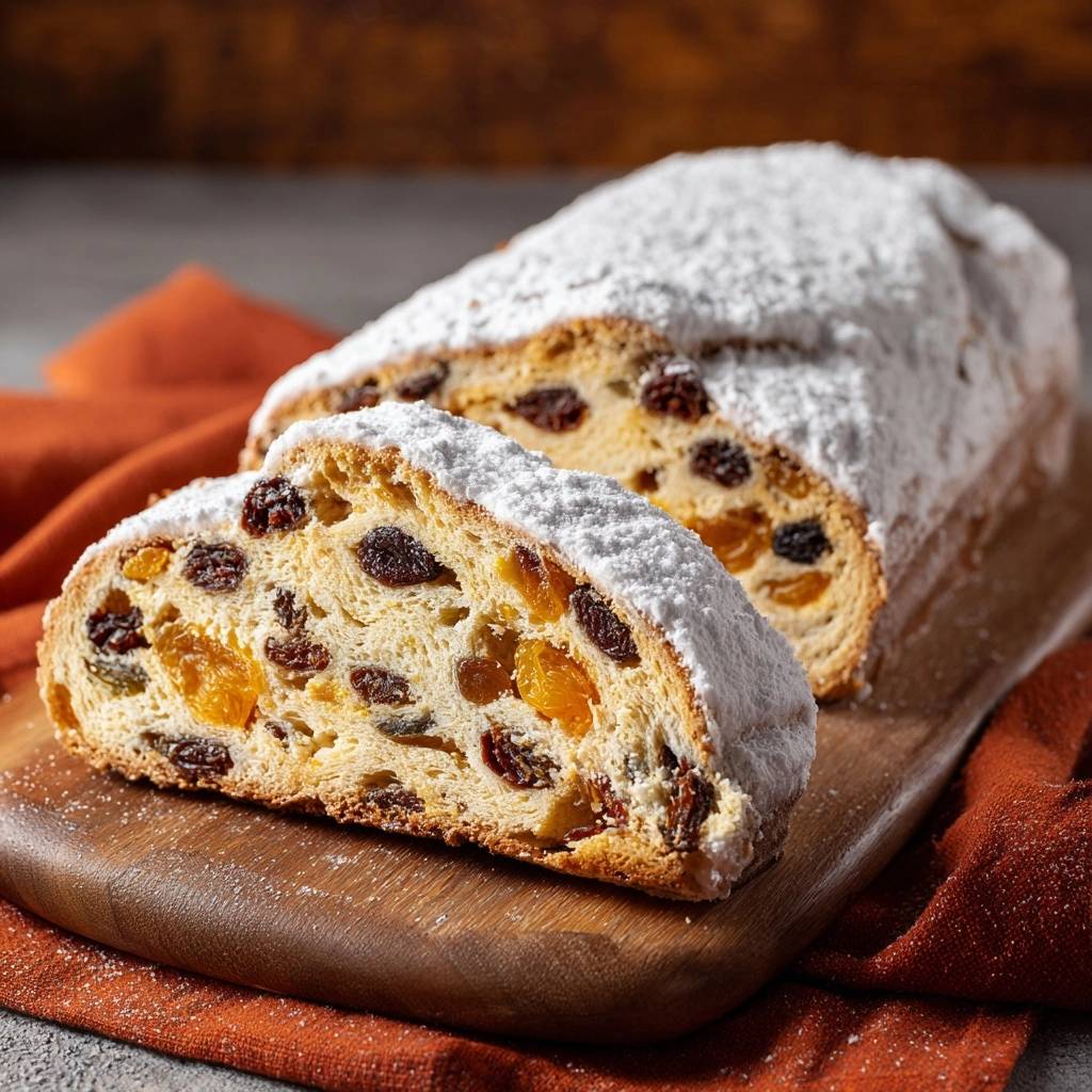 Christstollen wie vom Bäcker angeschnitten, mit Puderzucker bestäubt und voller saftiger Früchte, auf einem Holzbrett präsentiert.