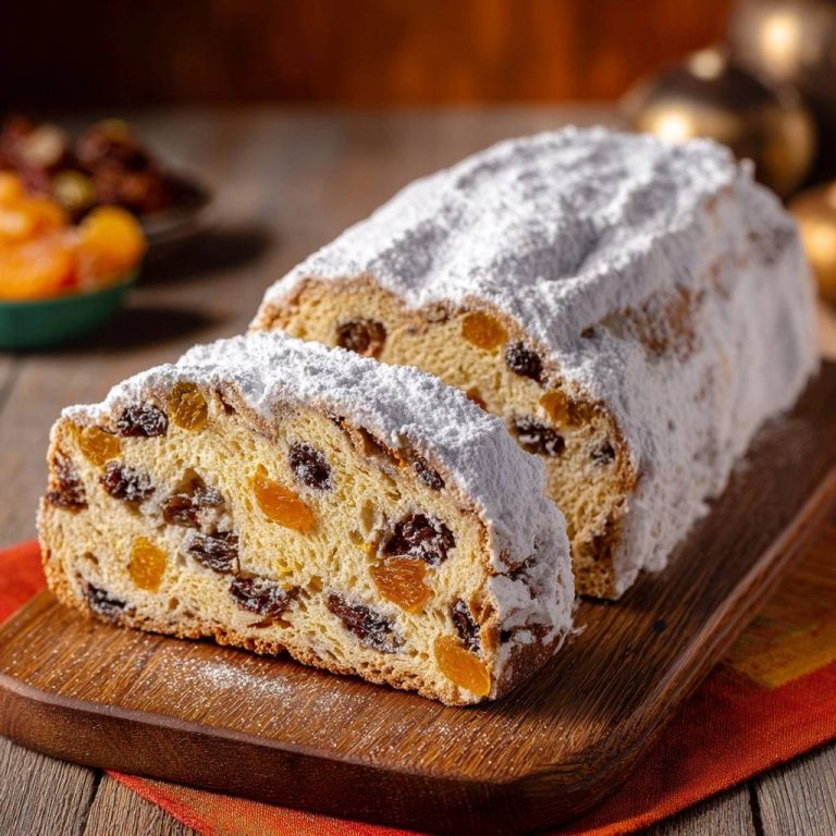 Christstollen angeschnitten mit Puderzucker bestäubt und sichtbaren Rosinen und kandierten Früchten auf einem Holzbrett.