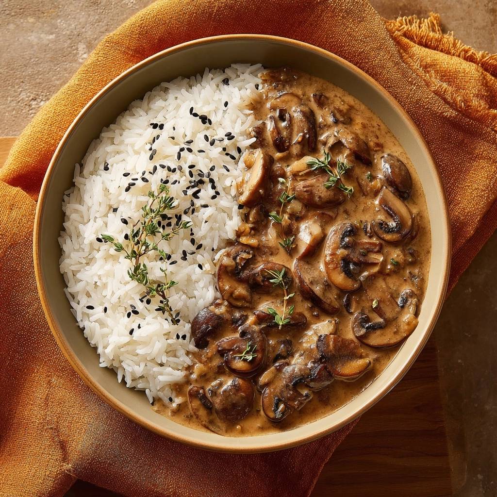 Cremiges Champignon-Thymian-Ragout mit Reis, serviert in einer Schüssel mit schwarzem Sesam und Thymian garniert, Nahaufnahme.