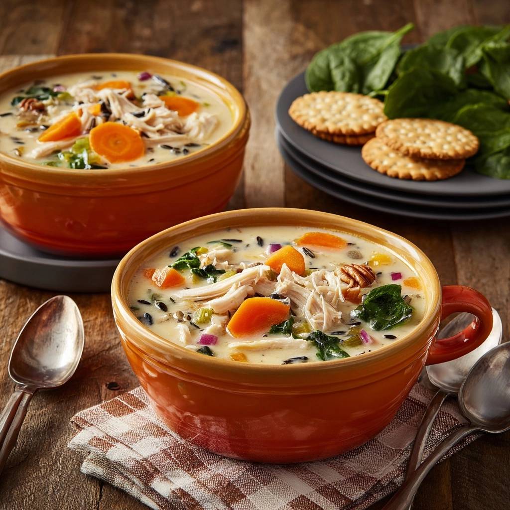 Cremige Hühner-Wildreissuppe mit Karotten und Spinat, serviert in zwei orangen Schüsseln auf Holztisch