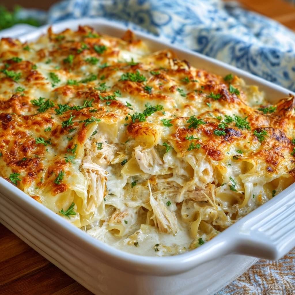 Cremige Hühnerlasagne nahaufnahme der geschmolzenen Käsekruste und des cremigen Inneren mit Nudeln und Hühnchen.