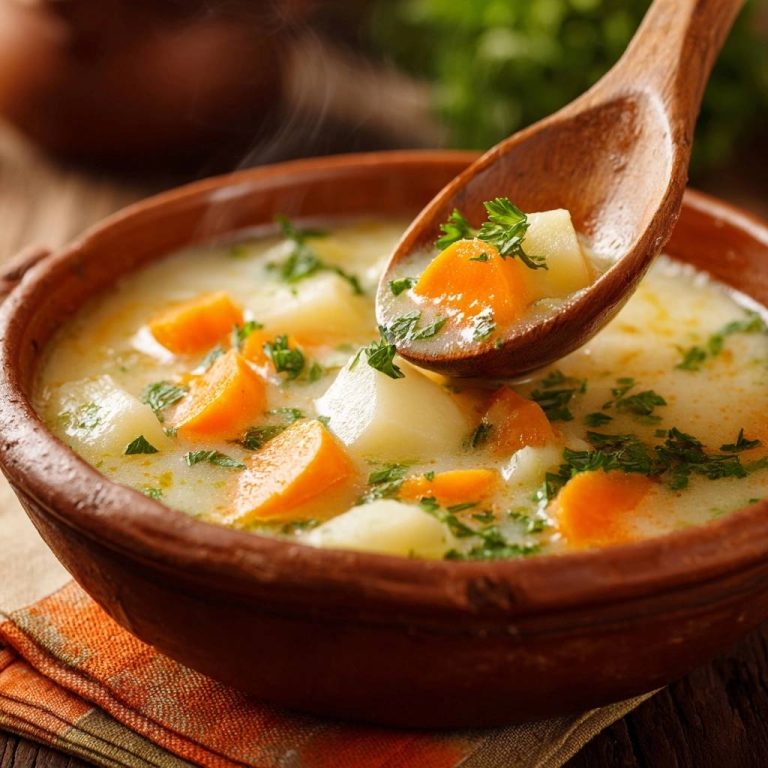 Cremige Kartoffel-Karotten-Suppe mit einem Holzlöffel voller Suppe, Nahaufnahme mit Dampf