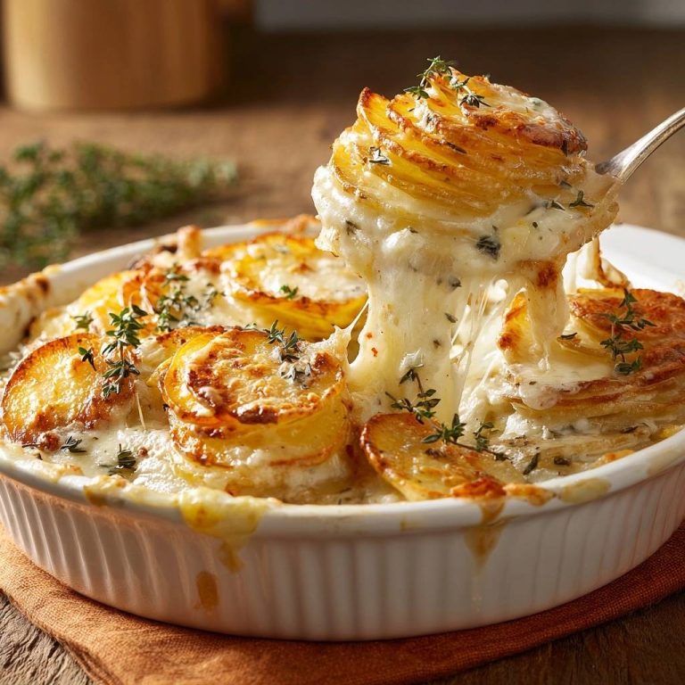 Cremiges Kartoffelgratin mit geschmolzenem Käse, das von einer Gabel gezogen wird, frisch aus dem Ofen.