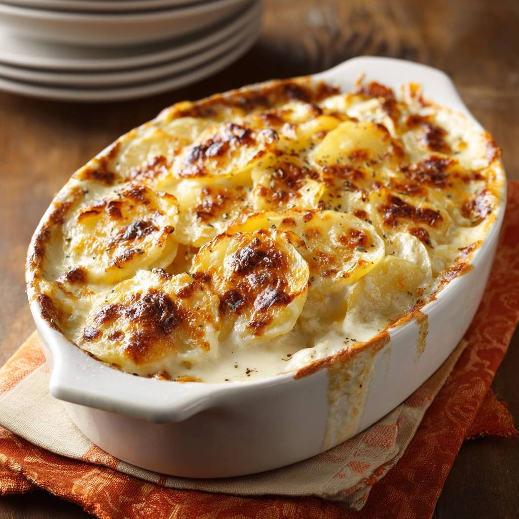 Cremiges Kartoffelgratin mit goldbrauner, knuspriger Kruste, nah aufgenommen im Ofenformen.