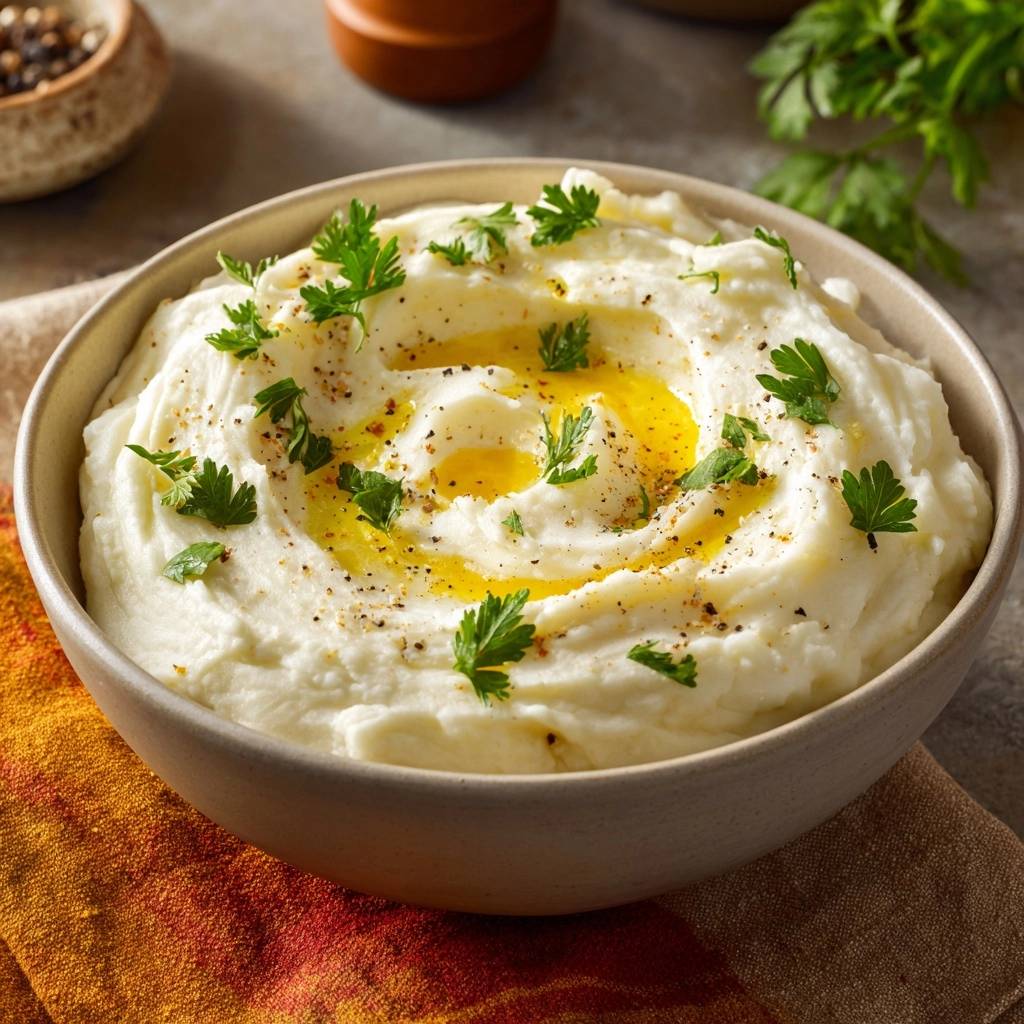 Cremiges Kartoffelpüree garniert mit frischen Kräutern und einem Schuss Olivenöl, serviert in einer Schüssel.