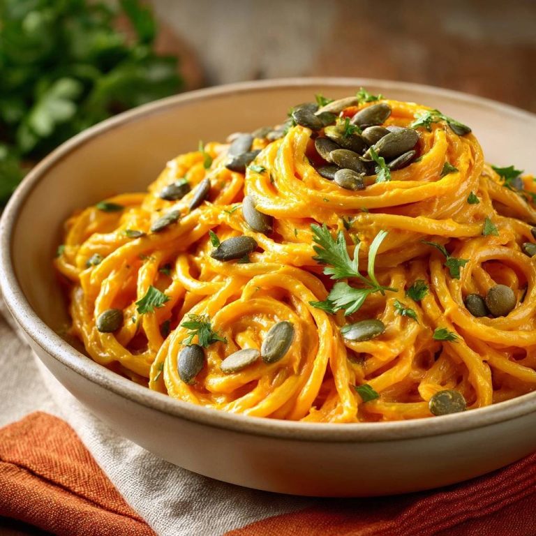 Cremige Kürbis-Pasta mit Kürbiskernen, garniert mit frischer Petersilie, serviert in einer Schüssel
