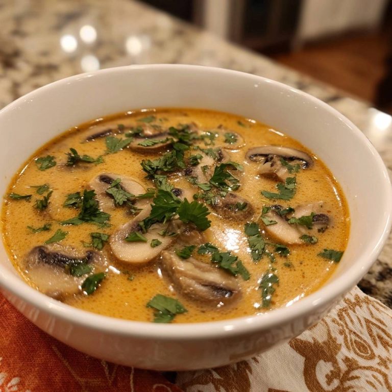 Cremige Pilz-Kokossuppe, eine Nahaufnahme der Suppe mit reichlich Pilzscheiben und frischer Petersilie garniert.