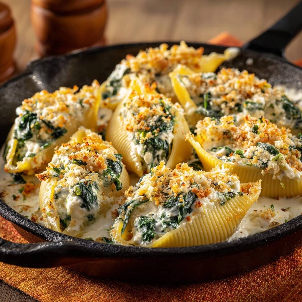 Cremige Spinat-Ricotta-Conchiglie mit knuspriger Käse-Krummel-Kruste in einer schwarzen Pfanne serviert.