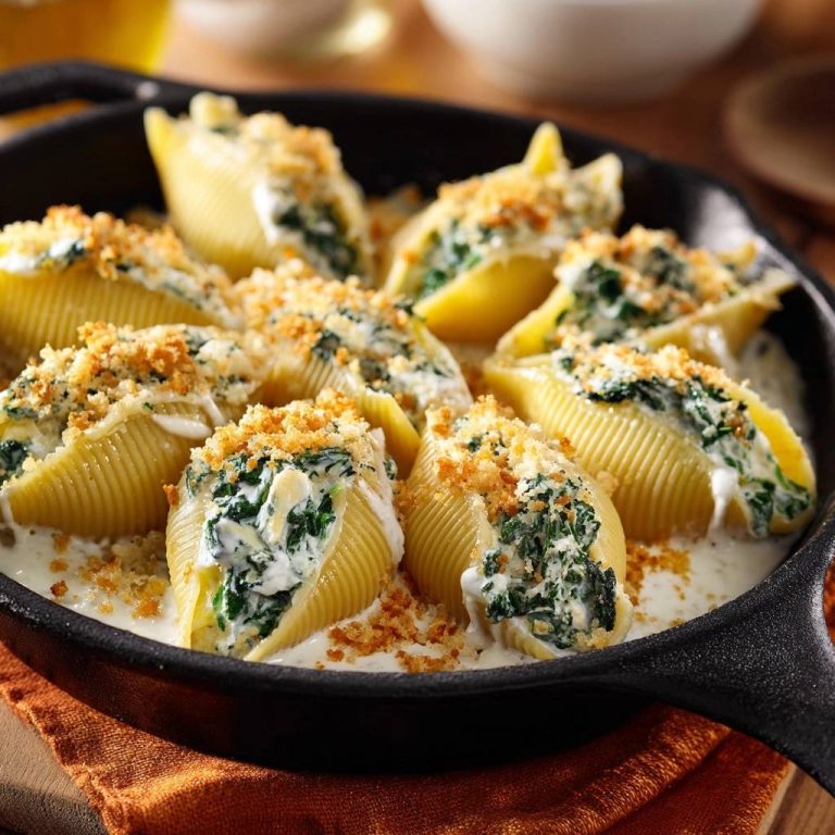 Cremige Spinat-Ricotta-Conchiglie in einer Pfanne, gefüllt und mit Bröseln bestreut, Nahaufnahme des Gerichts