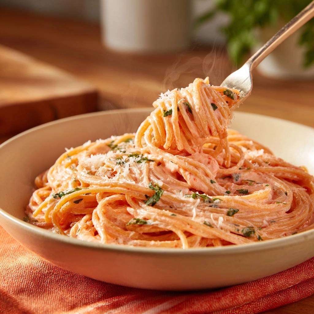 Cremige Tomaten-Spaghetti mit einer Gabel angehoben, die dampfend aus der Schüssel serviert werden.
