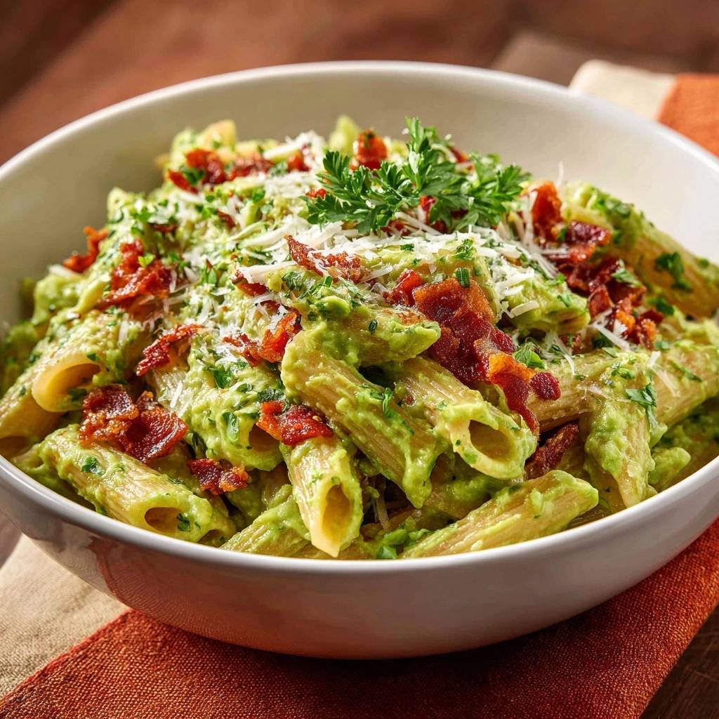 Cremige Avocado-Penne mit knusprigem Speck, garniert mit Parmesan und Petersilie, aus der Nähe betrachtet.