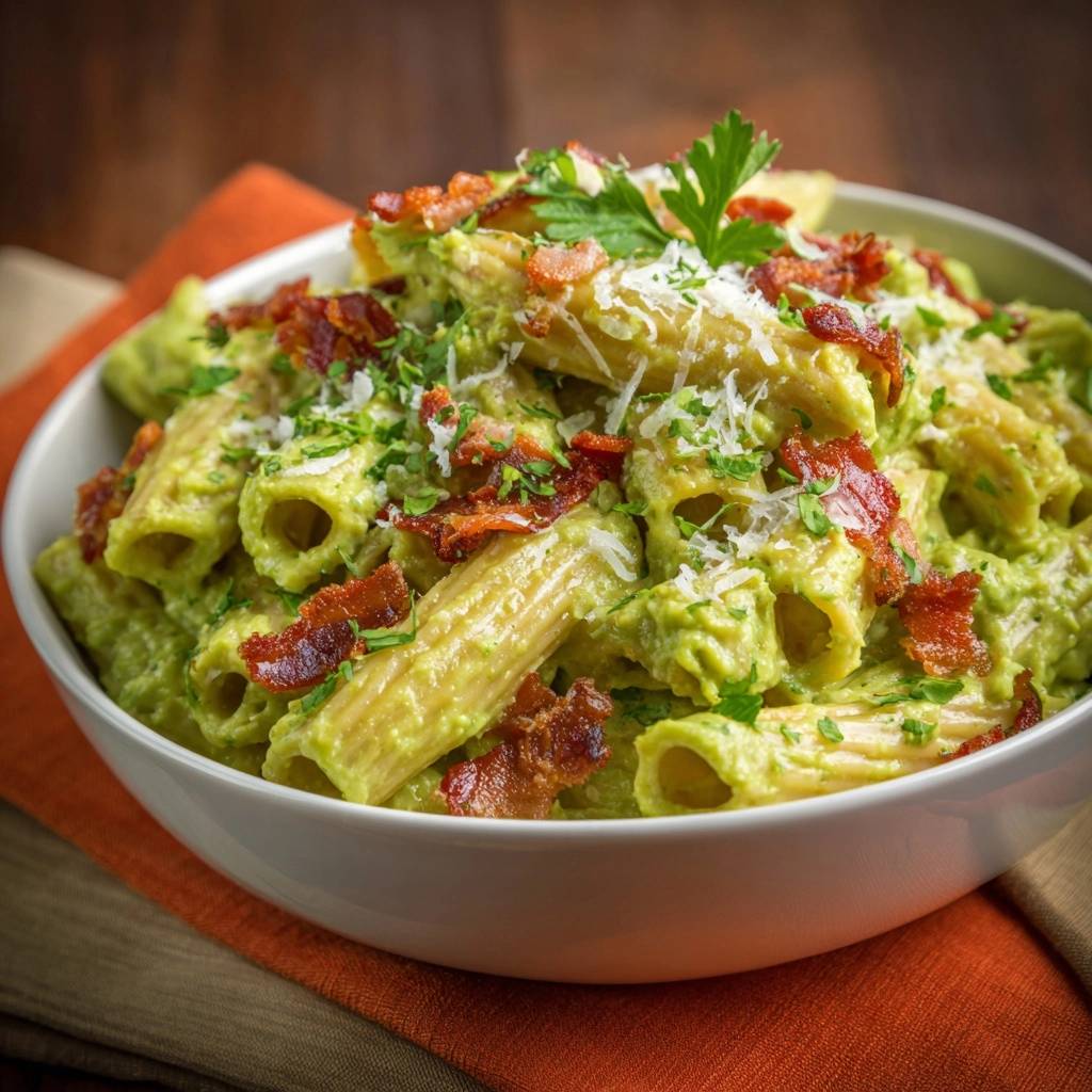 Cremige Avocado-Penne mit knusprigem Speck, garniert mit Parmesan und Petersilie, detailreiche Nahaufnahme