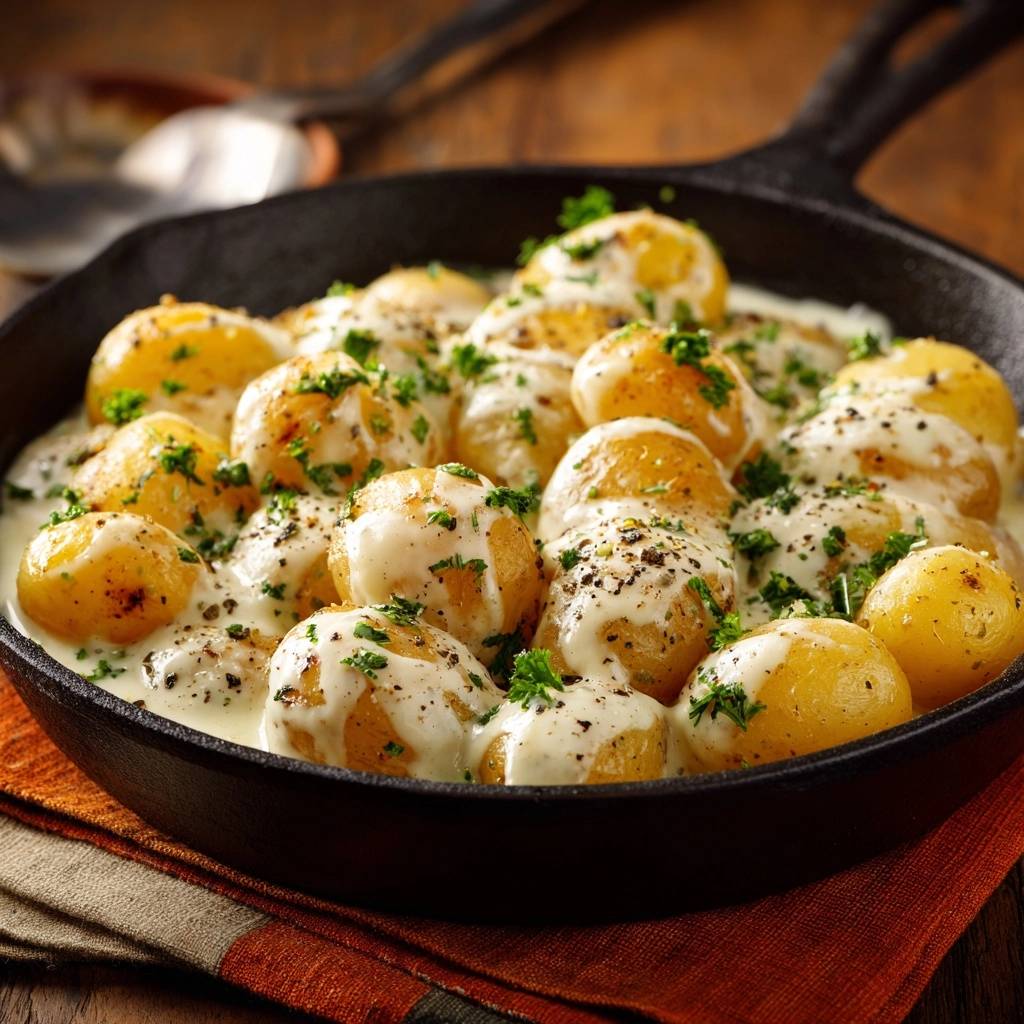 Cremige Babykartoffeln aus der Pfanne, nahaufnahme der dampfenden Kartoffeln in einer Gusseisenpfanne mit Petersilie und Sauce.
