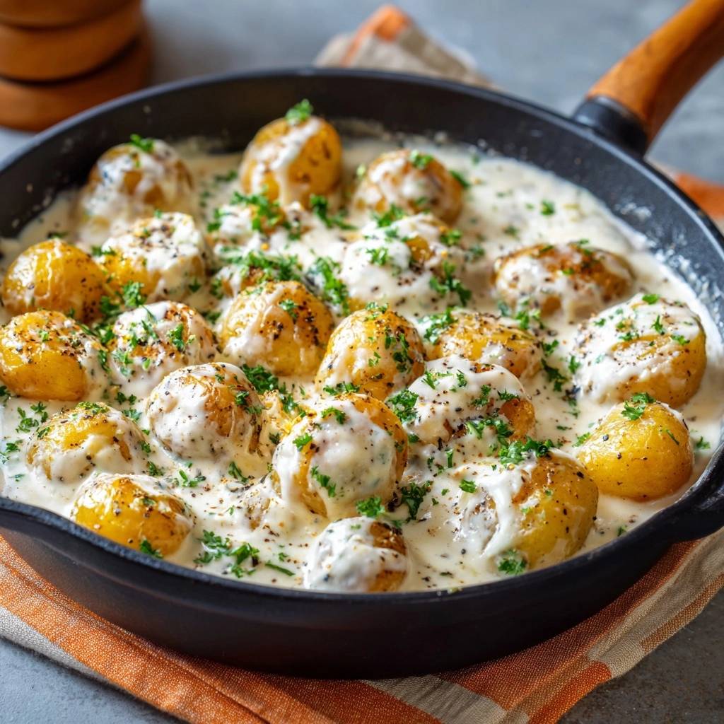 Cremige Babykartoffeln aus der Pfanne, garniert mit frischer Petersilie und einer cremigen Sauce, in einer Gusspfanne serviert.