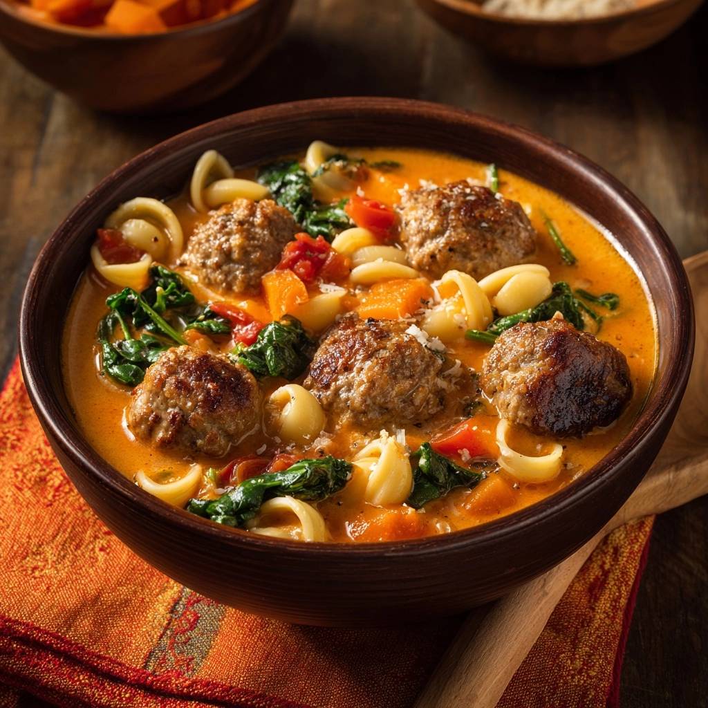 Cremige Fleischbällchen-Orecchiette-Suppe mit Orecchiette-Nudeln und Spinat in einer Nahaufnahme serviert.