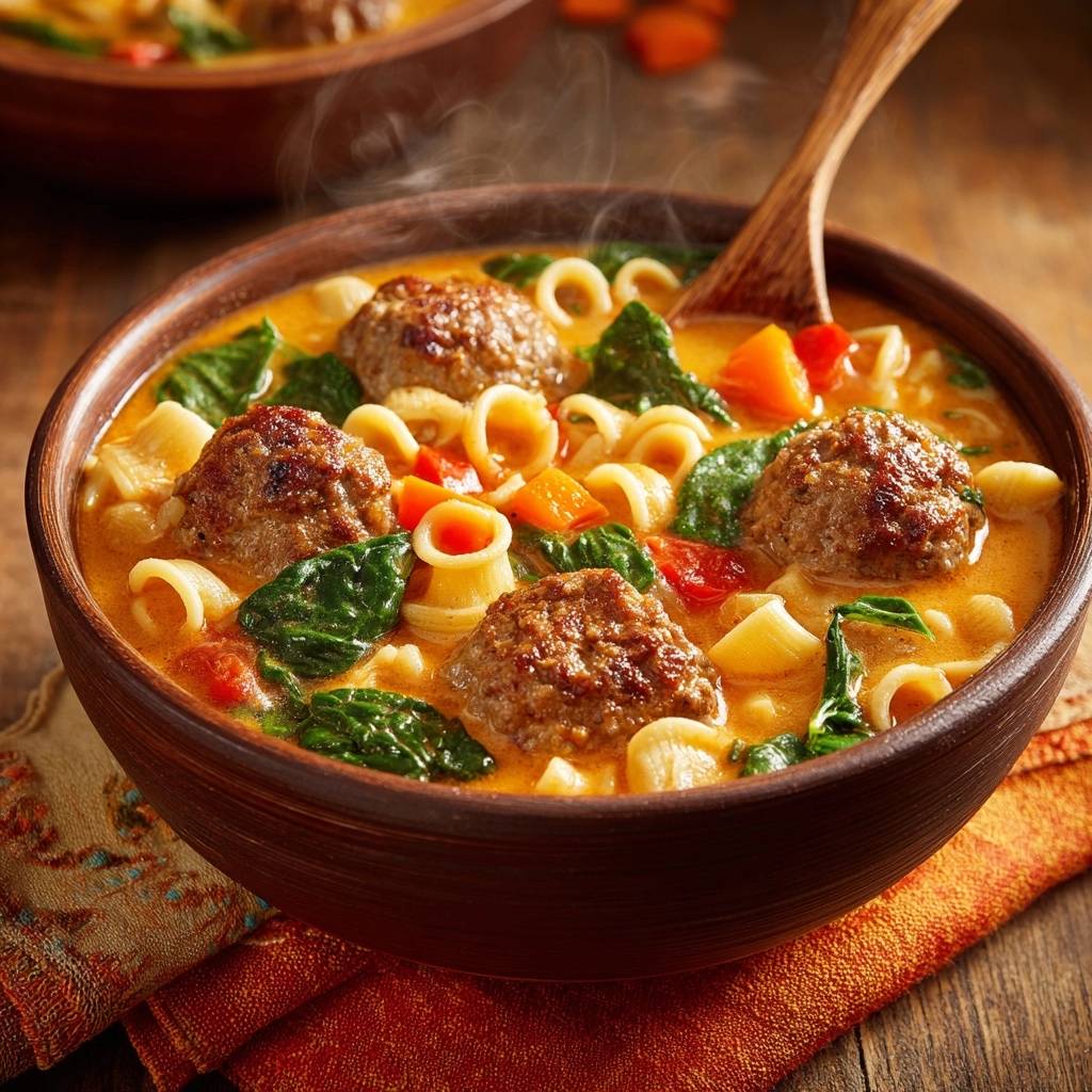 Cremige Fleischbällchen-Orecchiette-Suppe dampfend im braunen Steingut-Napf mit einem Holzlöffel, bereit zum Servieren.