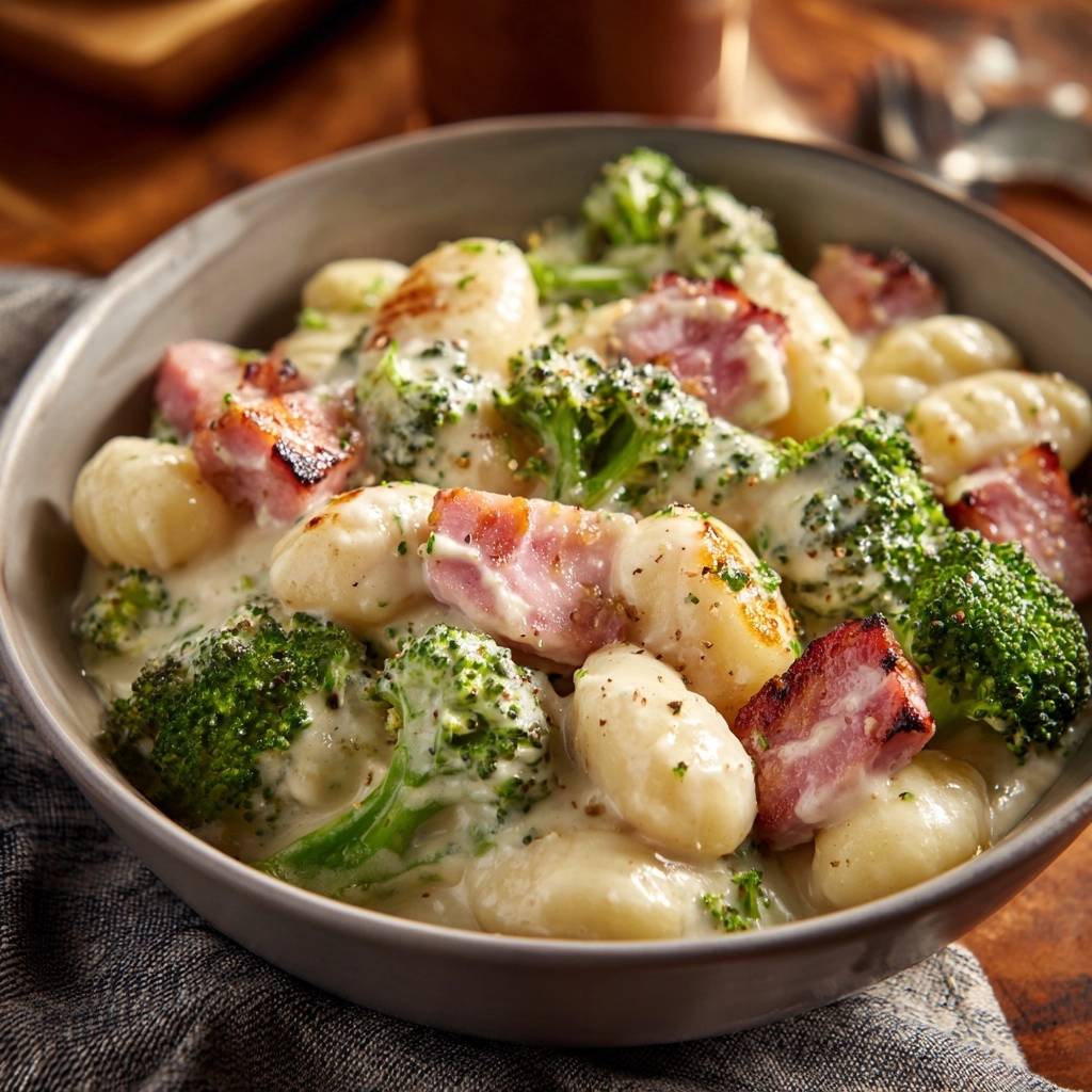 Cremige Gnocchi mit Brokkoli und Schinken in einer cremigen Sauce, Nahaufnahme der Textur.