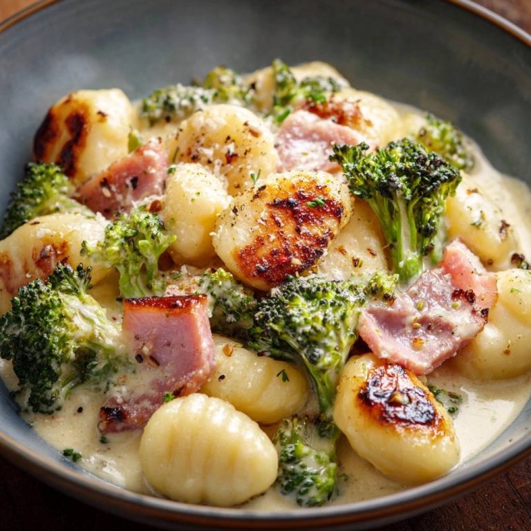 Cremige Gnocchi mit Brokkoli und Schinken, Nahaufnahme der geschmorten Gnocchi und des cremigen Saucenbelags.