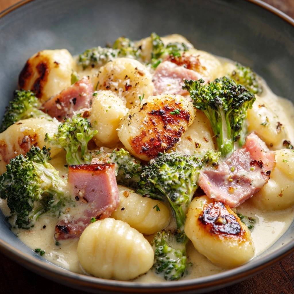 Cremige Gnocchi mit Brokkoli und Schinken, Nahaufnahme der geschmorten Gnocchi und des cremigen Saucenbelags.