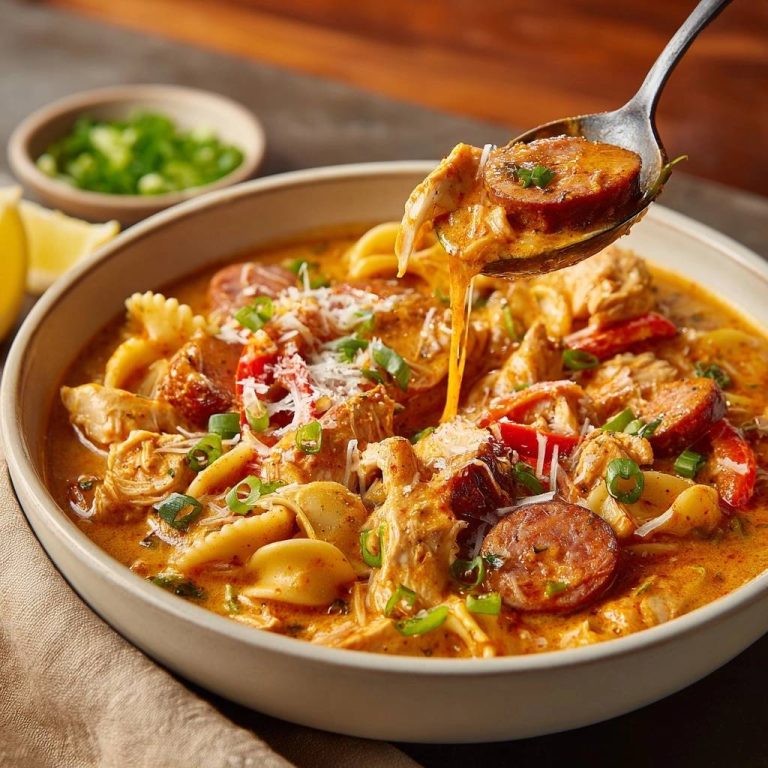 Cremige Hähnchen-Wurst-Farfalle-Suppe mit einem Löffel voller köstlicher Zutaten, die aus der Schüssel gehoben werden.