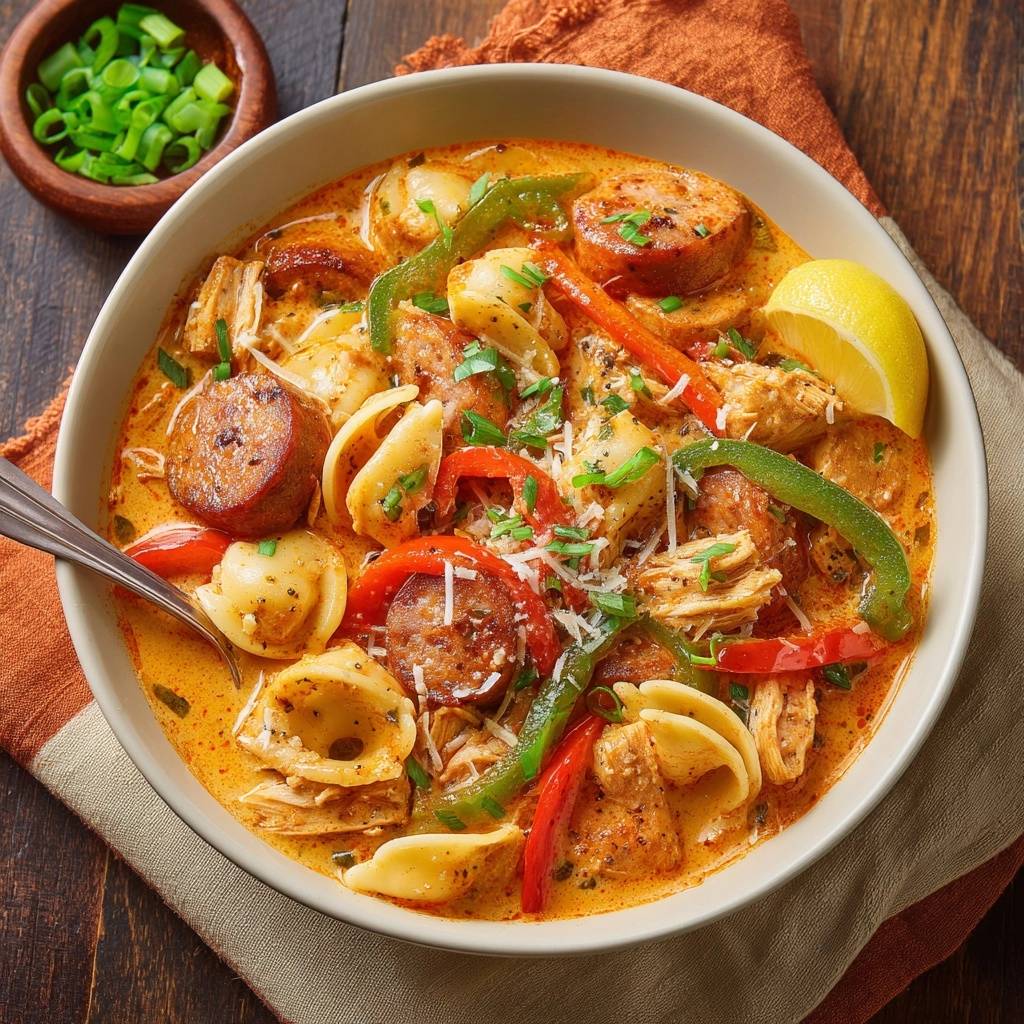 Cremige Hähnchen-Wurst-Farfalle-Suppe mit Farfalle-Nudeln, Wurstscheiben und Paprika in einer Nahaufnahme.