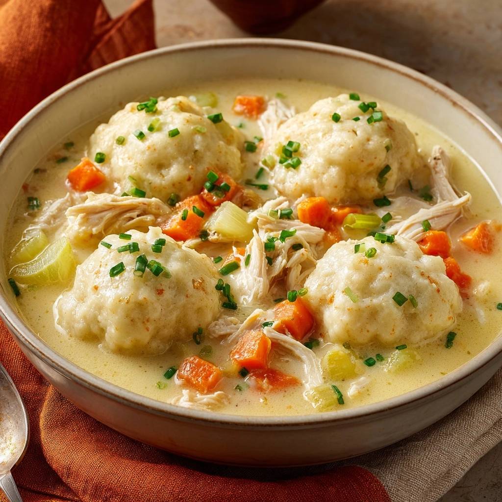 Cremige Hühnersuppe mit fluffigen Klößen und Gemüse, garniert mit Schnittlauch, in einer Schüssel aus der Nähe.