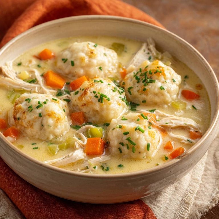 Cremige Hühnersuppe mit fluffigen Klößen, Karotten und Sellerie, garniert mit Schnittlauch, in einer Schüssel serviert.