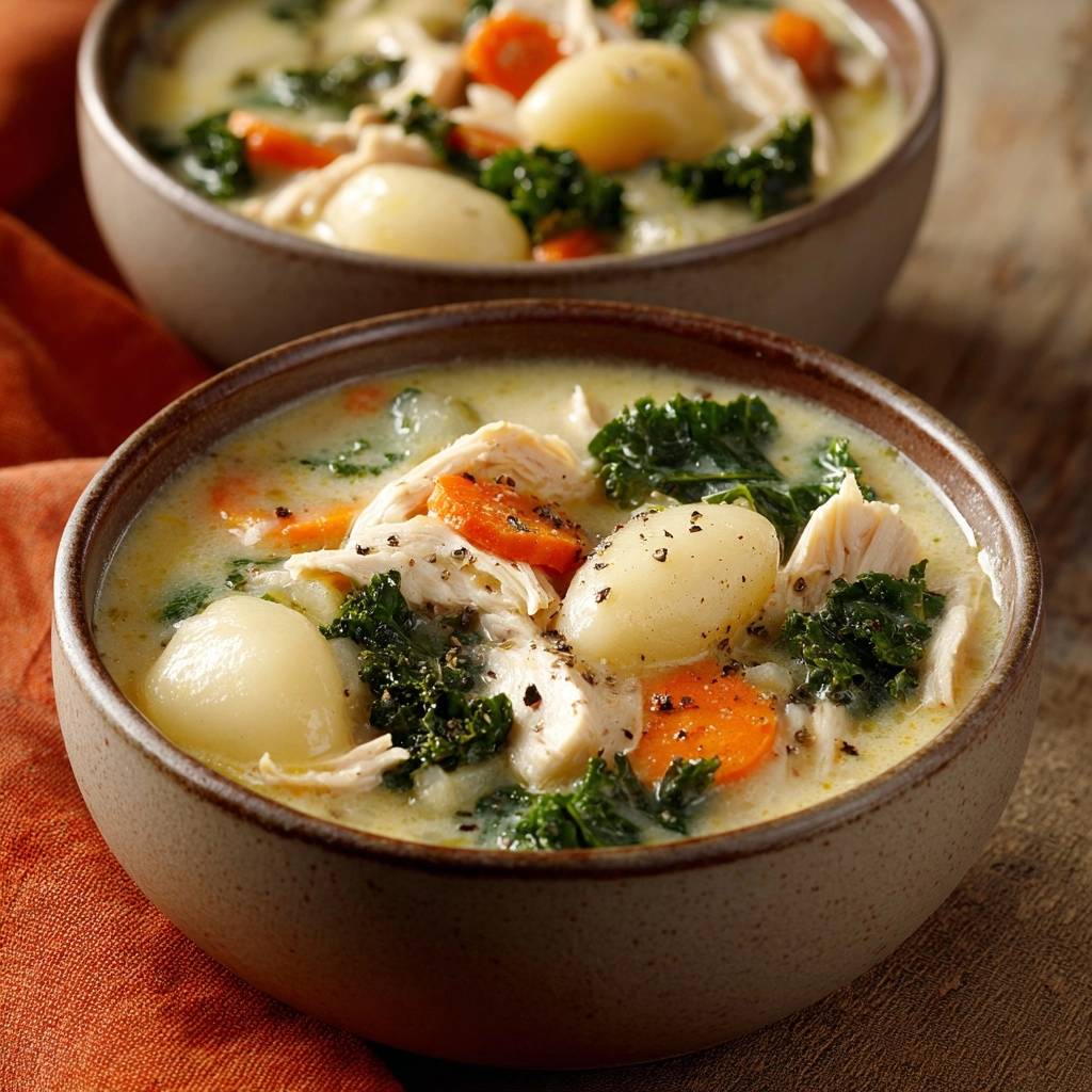 Cremige Hühnersuppe mit Kartoffeln, Karotten und Grünkohl in einer Schüssel, Nahaufnahme