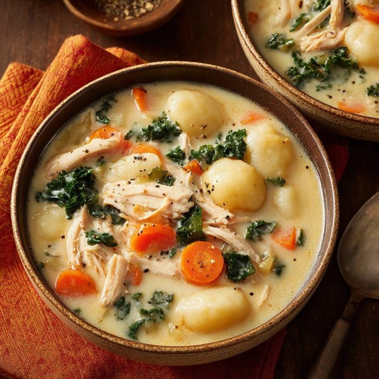 Cremige Hühnersuppe mit Kartoffeln, Karotten und Grünkohl in einer Schüssel, nahaufnahme der Zutaten.