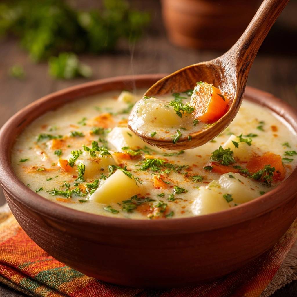Cremige Kartoffel-Karotten-Suppe wird mit einem Holzlöffel aus einer braunen Schüssel gehoben, garniert mit Petersilie.