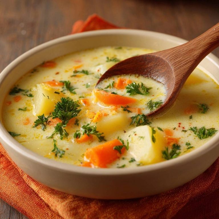 Cremige Kartoffel-Karotten-Suppe mit einem Holzlöffel, der eine Portion aus der Schüssel hebt, garniert mit Petersilie.