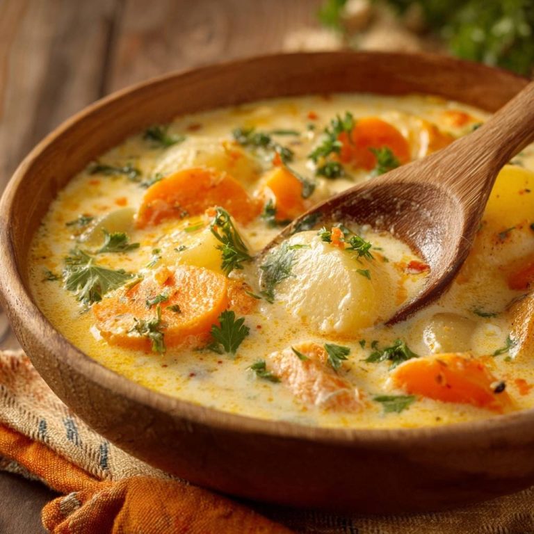Cremige Kartoffel-Karotten-Suppe mit einem Holzlöffel in einer Holzschüssel, Nahaufnahme der Textur und Zutaten.