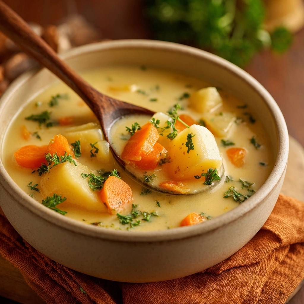 Cremige Kartoffel-Karotten-Suppe mit einem Holzlöffel, der eine Portion mit Kartoffeln und Karotten aus der Schüssel hebt.