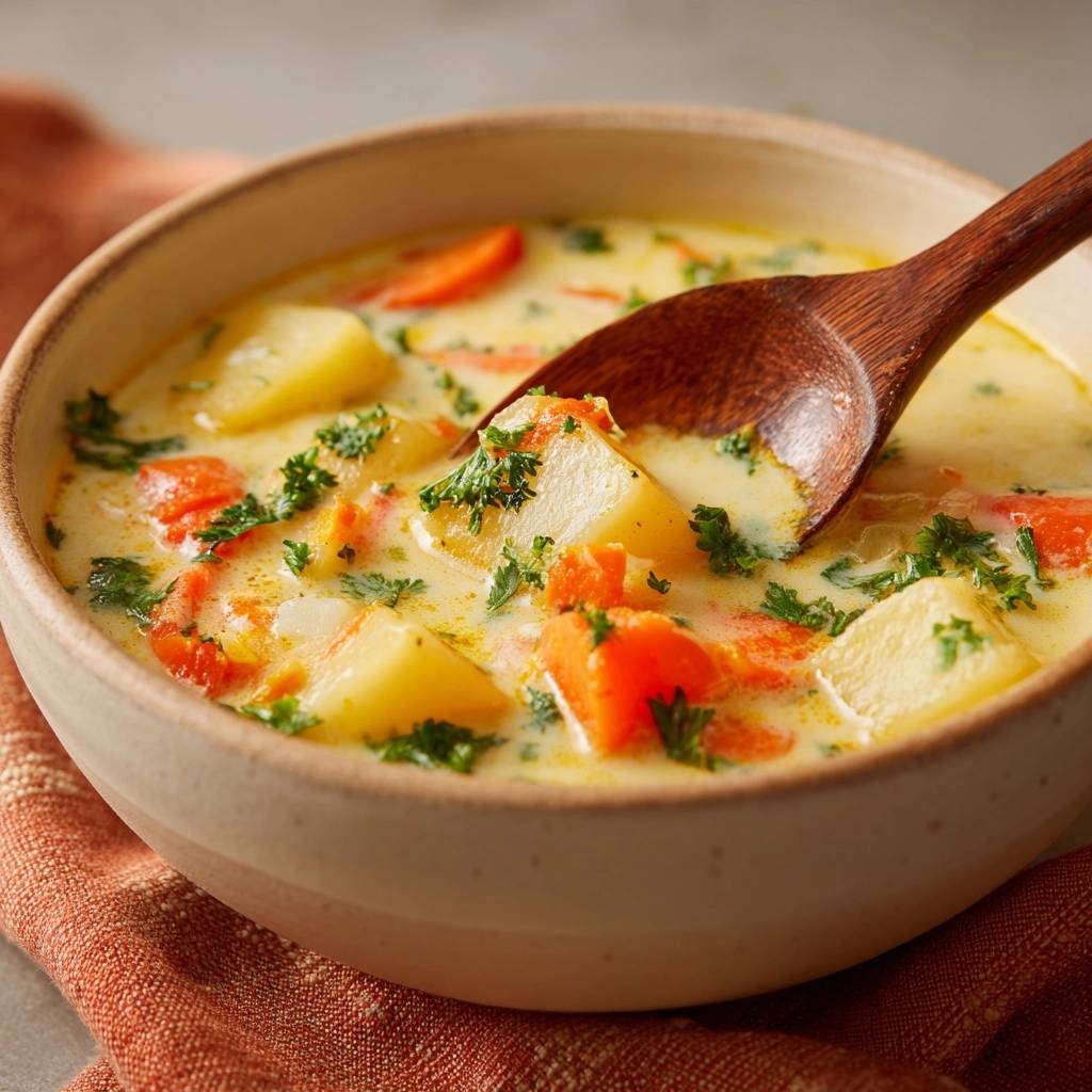 Cremige Kartoffel-Karotten-Suppe wird mit einem Holzlöffel aus der Schüssel gehoben, mit frischer Petersilie garniert.