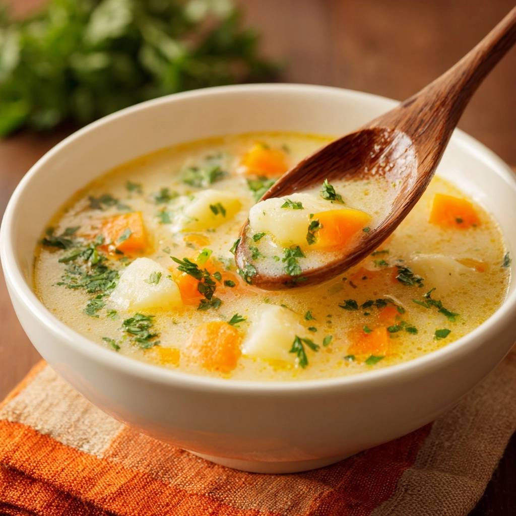 Cremige Kartoffel-Karottensuppe mit einem Holzlöffel voller Suppe und Gemüsestücken, garniert mit Petersilie.